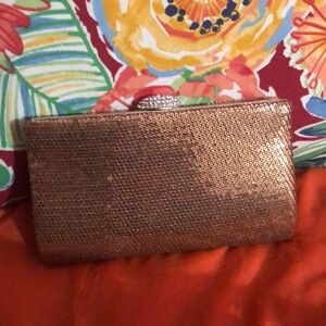 Beautiful Gold Sequined Evening Clutch (chain missing) with Rhinestone Clasp.